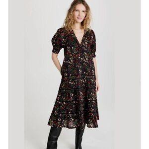 The Great. Floral Dress Size 0 V-Neck Short Sleeves Black Red Midi Length Yonder